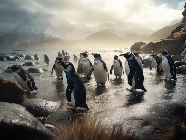 Grupo de pinguins em IA geradora de habitat natural