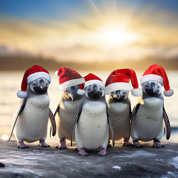 grupo de pinguins no Pólo Norte usando engraçados chapéus vermelhos de Papai Noel