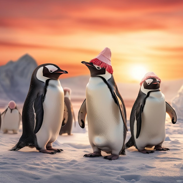 grupo de pinguins no Pólo Norte usando engraçados chapéus vermelhos de Papai Noel