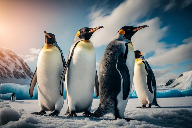 Grupo de pinguins parados um ao lado do outro no chão coberto de neve com céu azul ao fundo Generative AI