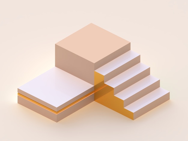 Grupo de plataformas e escadas. cena com formas geométricas. perspectiva isométrica. renderização 3d mínima