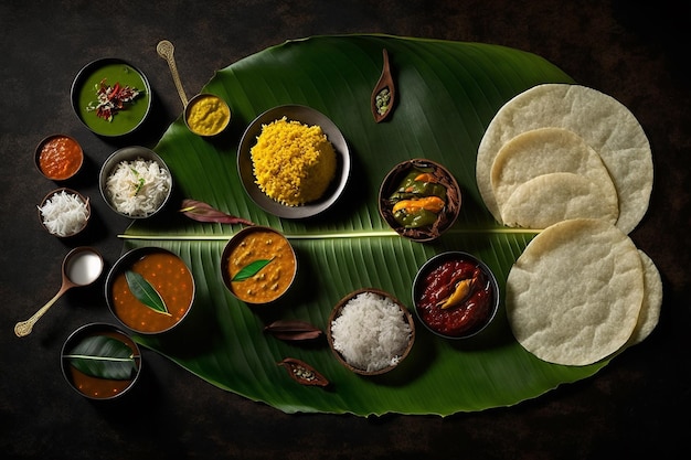 Grupo de pratos do sul da Índia servidos em folhas de bananeira com chutneys coloridos fundo preto escuro Generative AI