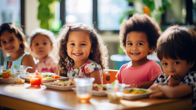 Grupo de pré-escolares sentados na cafeteria da escola comendo almoço