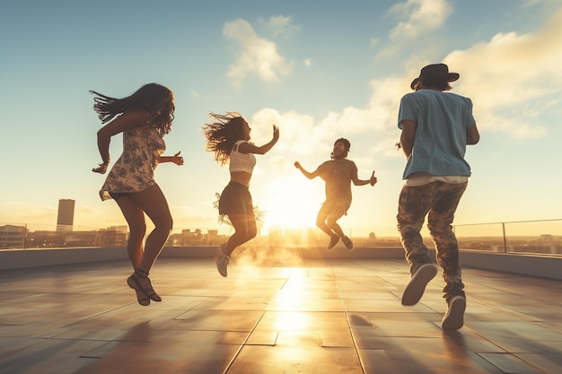 Grupo de quatro amigos dançando no telhado Generative Ai