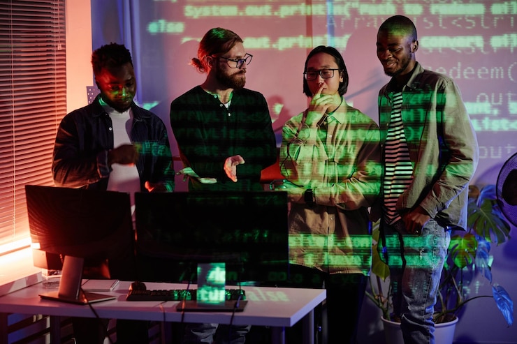 Foto grupo de quatro engenheiros de software ao lado da mesa com monitor de computador