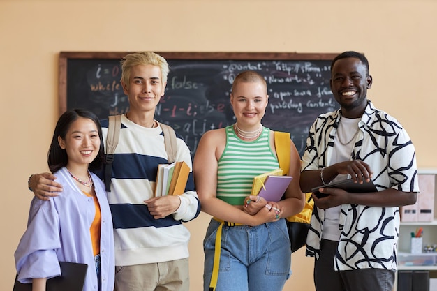 Grupo de quatro jovens estudantes interculturais bem-sucedidos do ensino médio em roupas casuais em frente à câmera em sala de aula contra o quadro-negro