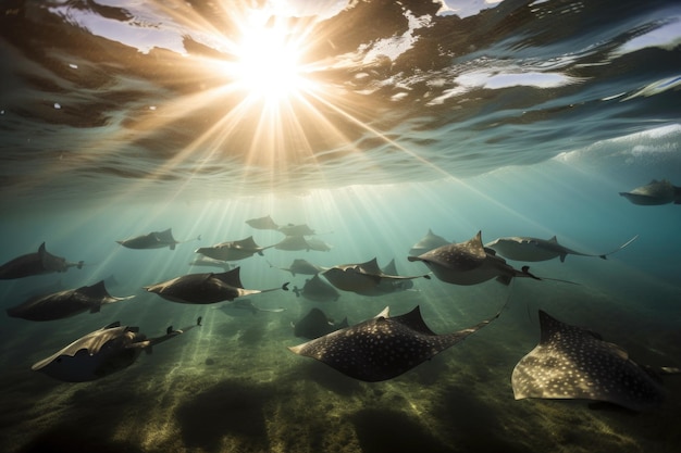 Grupo de raias nadando em águas abertas com o sol brilhando criado com ai generativo