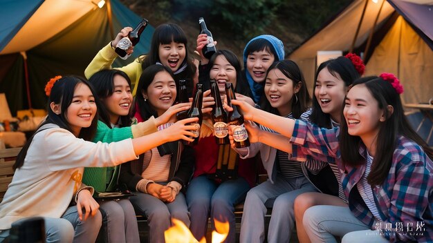 Grupo de rapazas asiáticas, casal, melhores amigas, adolescentes a beber, a divertir-se, a saudar, a brindar com uma garrafa de cerveja.