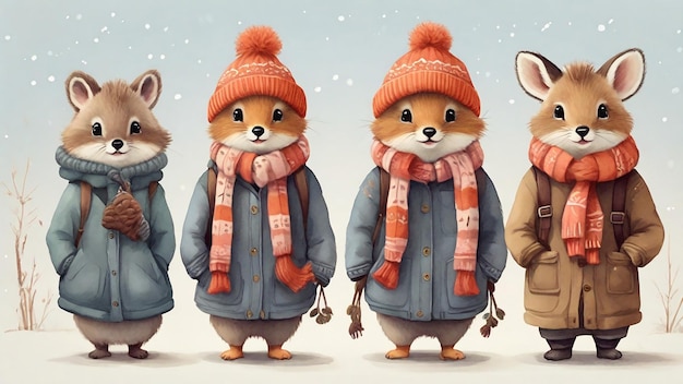 Grupo de raposas bonitas em roupas de inverno ilustração 3D