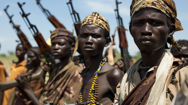 Foto grupo de rebeldes africanos com armas eles estão vestindo roupas tradicionais e munições bandoliers o fundo é desfocado