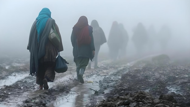 Grupo de refugiados a caminhar por um campo lamacento em tempo de nevoeiro Conceito Crise de refugiados Migração forçada Ajuda humanitária Deslocamento global Gestão de crises