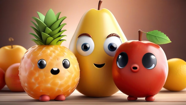 Grupo de renderização de frutas em 3D no mundo em miniatura