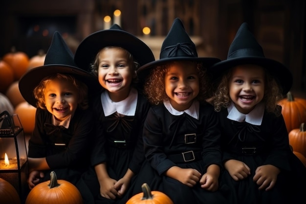 Grupo de retrato alegre engraçado criança crianças pequenas crianças fofas meninos meninas amigos vestidos bruxa louca