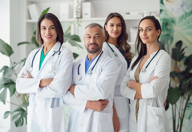 Grupo de retratos de jovens médicos vestindo uniformes médicos na sala de escritório do hospital