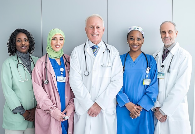 Grupo de retratos de jovens médicos vestindo uniformes médicos na sala de escritório do hospital