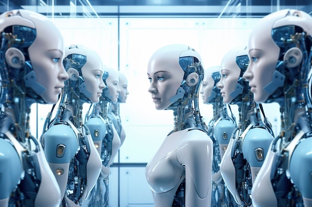 Grupo de robôs de inteligência artificial brilhantes brancos