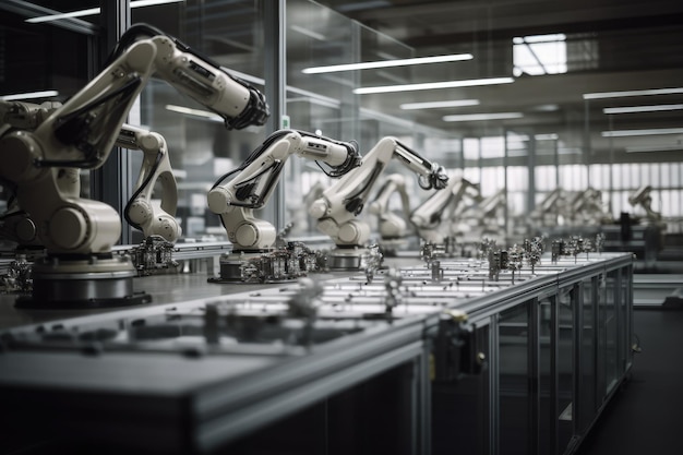 Grupo de robôs trabalhando juntos em uma fábrica Generative AI