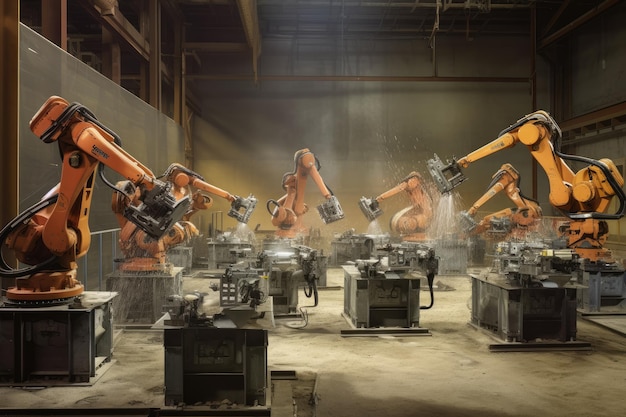 Grupo de robôs trabalhando juntos para construir um novo arranha-céu Generative AI
