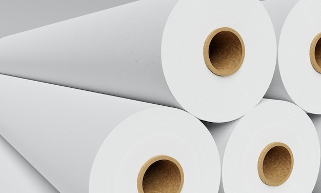 Grupo de rolos de papel branco em fábrica industrial para fundo de armazenamento Produção e conceito de fabricação renderização de ilustração 3D