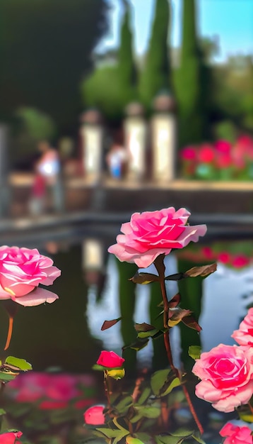 Grupo de rosas cor de rosa sentado em cima de uma lagoa generativa ai