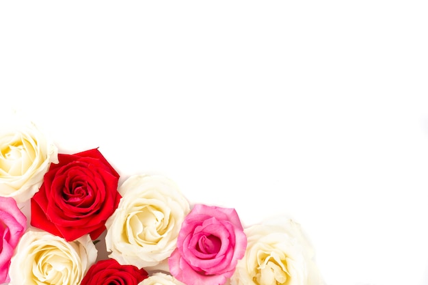 Grupo de rosas vermelhas, brancas e rosa com fundo copyspace