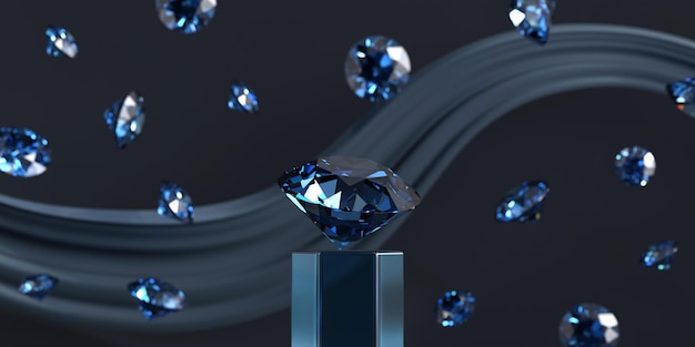 Grupo de safira de diamante azul colocado no objeto principal de fundo brilhante com foco em renderização em 3d