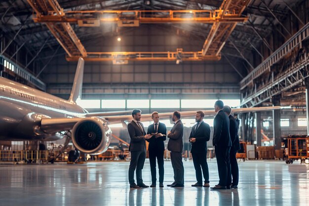 Foto grupo de seis engenheiros em ternos discutindo detalhes de projeto em um avião