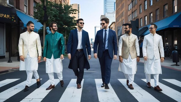 Foto grupo de seis homens indianos do sul da ásia em roupas tradicionais casuais e de negócios caminhando na passagem de pedestres