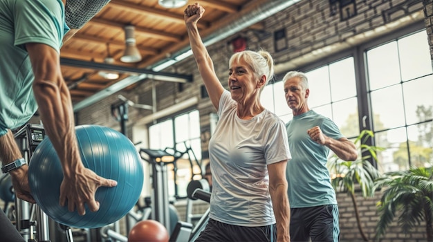 Grupo de sessão de fitness de idosos se envolve em exercícios com fisioterapeuta abraçando a saúde