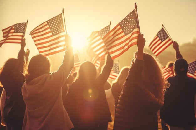 Grupo de silhueta de pessoas agitando bandeiras americanas em contraluz