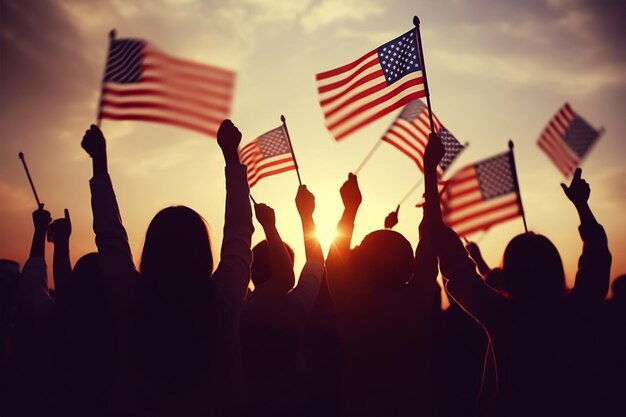 Grupo de silhueta de pessoas agitando bandeiras americanas em contraluz