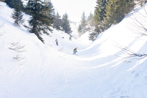 Grupo de snowboarders de freeride andando em encosta nevada