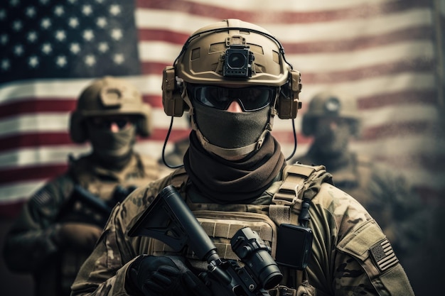 Grupo de soldados em frente a uma bandeira americana Soldados do Exército dos EUA com armas e a bandeira dos Estados Unidos ao fundo, rosto coberto com uma máscara gerada por IA