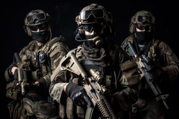 Grupo de soldados em plena marcha com fuzil de assalto e máscara de gás em fundo preto Unidade Militar das Forças Especiais em Full Tactical Gear AI Generated