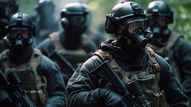 Grupo de soldados usando máscaras de gás e equipamentos de proteção estão caminhando pela floresta Generative AI
