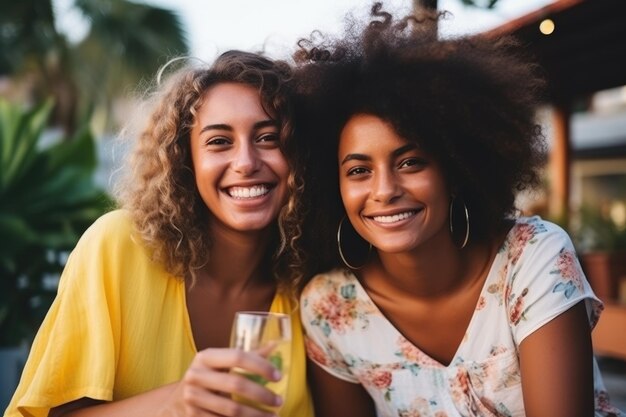 Foto grupo de sorridentes melhores amigas multiraciais sentadas juntas em um cobertor com frutas desfrutando de