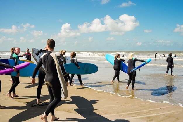 Grupo de surfistas ypung segurando pranchas de surfe entrando na água para começar a treinar atividades de verão no Mar do Norte Comunidade de surfistas à beira-mar da Bélgica