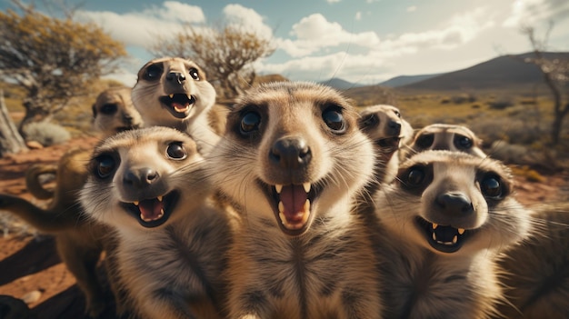 Grupo de suricatas com a boca aberta