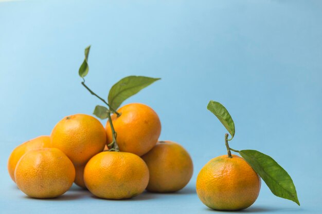 Grupo de tangerinas em um fundo azul, em primeiro plano, uma separada