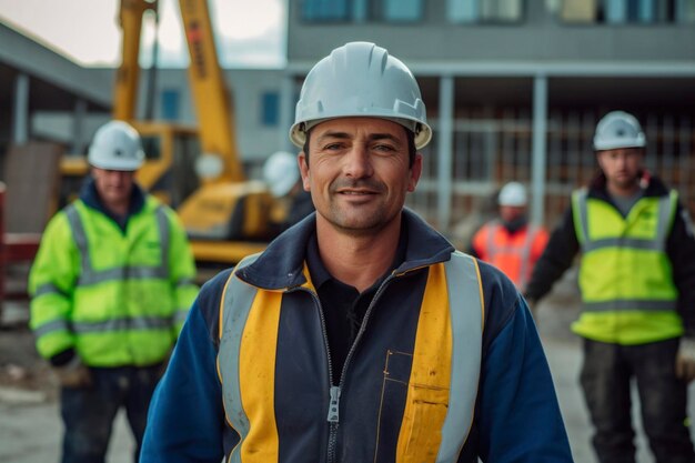 Grupo de trabalhadores construtores e engenheiros de pé juntos no fundo da fábrica celebração do Dia do Trabalho Trabalhadores de diferentes nacionalidades em uniformes e capacetes de construção de segurança geraram IA