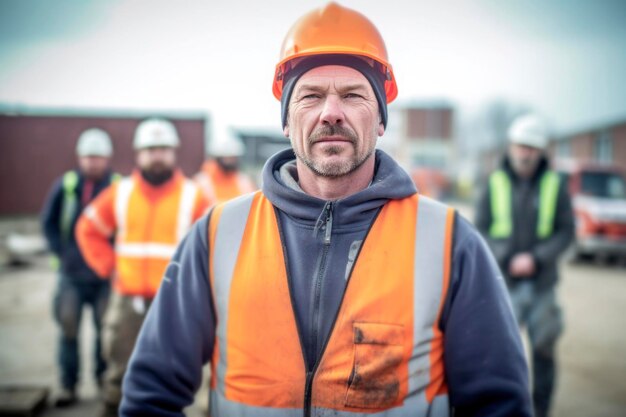 Grupo de trabalhadores construtores e engenheiros juntos no fundo da fábrica Celebração do Dia do Trabalho Trabalhadores de diferentes nacionalidades em uniformes e capacetes de construção de segurança geraram IA