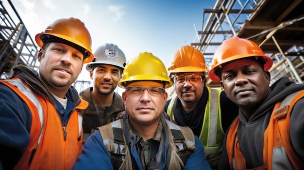 Grupo de trabalhadores da construção civil de uniforme