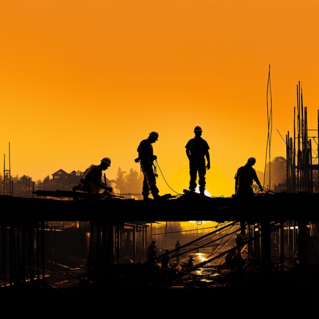 grupo de trabalhadores da construção civil em silhueta trabalhando em um prédio com fundo amarelo