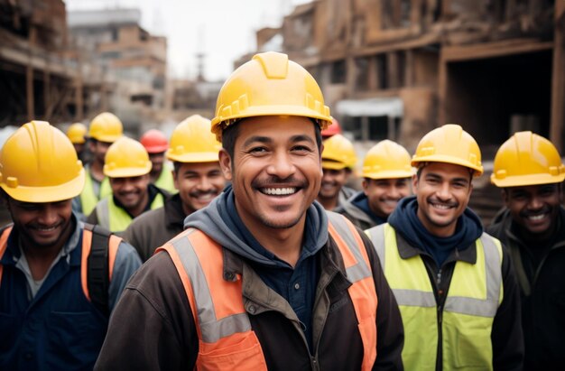 Grupo de trabalhadores da construção felizes olhando para a câmera no local de construção