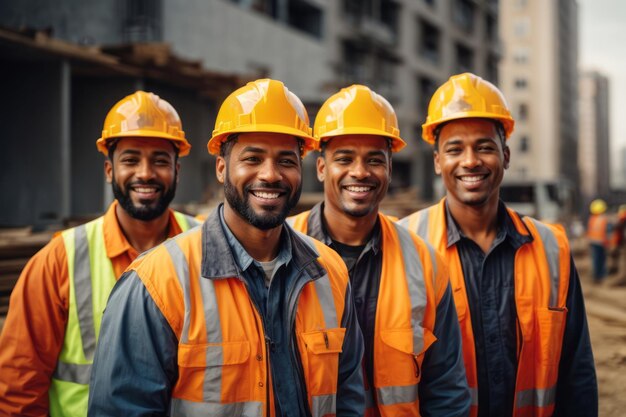 grupo de trabalhadores da construção masculinos usando chapéus e trajes de segurança no local de construção