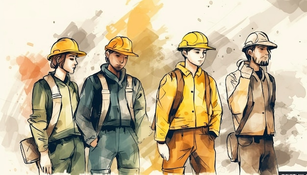 Grupo de trabalhadores em estilo aquarela Generative AI