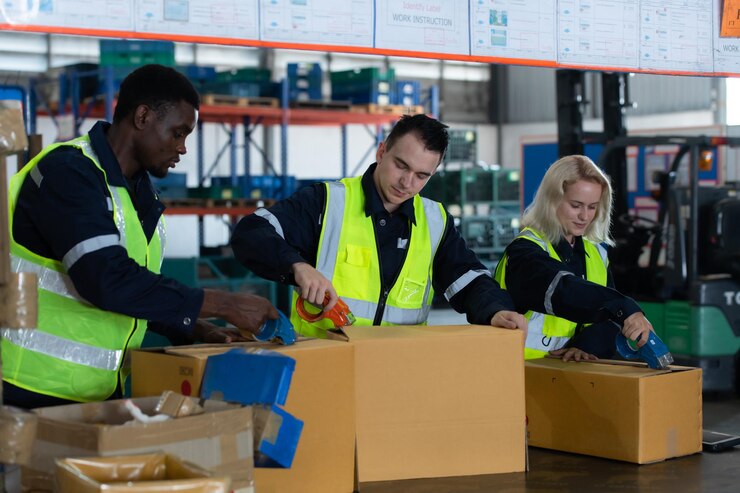 Foto grupo de trabalhadores em um armazém de peças de automóveis embalando pequenas peças em caixas depois de inspecionar as peças de automóvel