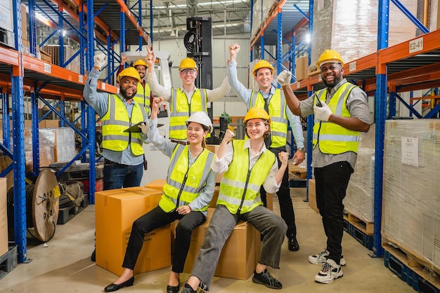 Grupo de trabalhadores felizes do armazém comemorando o sucesso no armazém