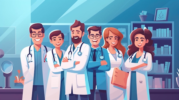Grupo de trabalhadores médicos sorridentes em ilustração uniforme IA generativa