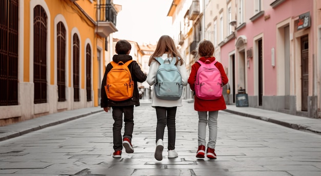 Grupo de três crianças felizes andando pela rua com mochilas facilmente localizáveis Banco de imagem com...